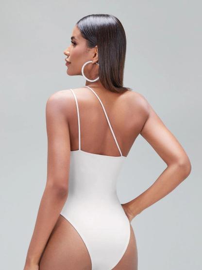 Solid Coloured One Shoulder Bodysuit-Comfy Jumpsuits