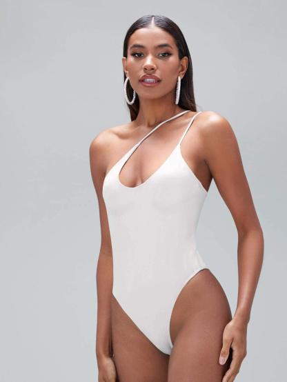 Solid Coloured One Shoulder Bodysuit-Comfy Jumpsuits