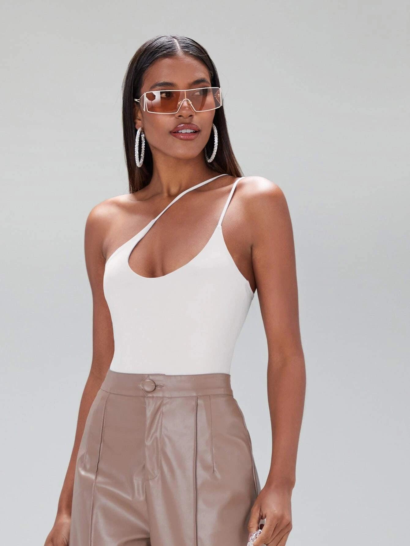 Solid Coloured One Shoulder Bodysuit-Comfy Jumpsuits