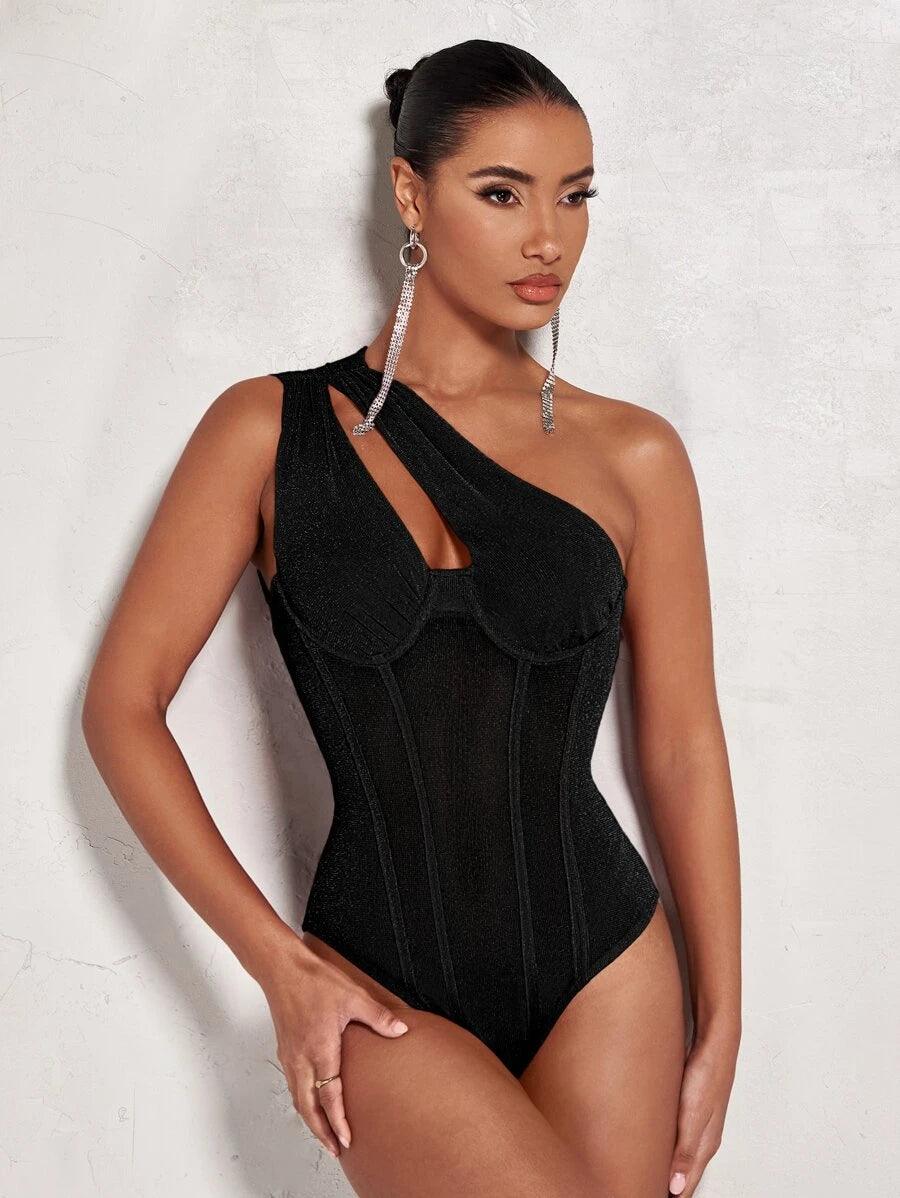 One Shoulder Cut Out Sleeveless Bodysuit-Comfy Jumpsuits