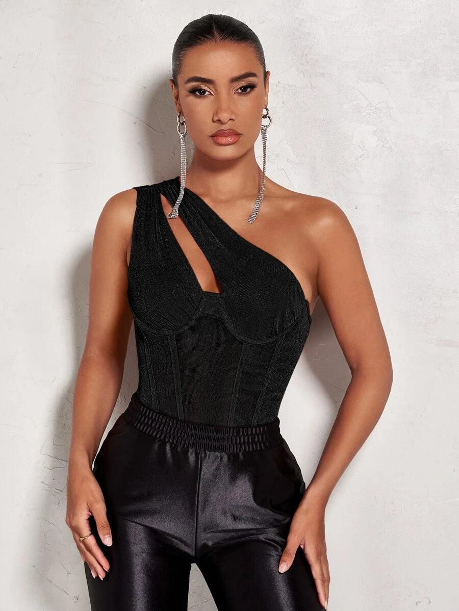One Shoulder Cut Out Sleeveless Bodysuit-Comfy Jumpsuits