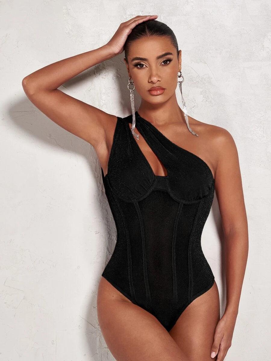 One Shoulder Cut Out Sleeveless Bodysuit-Comfy Jumpsuits