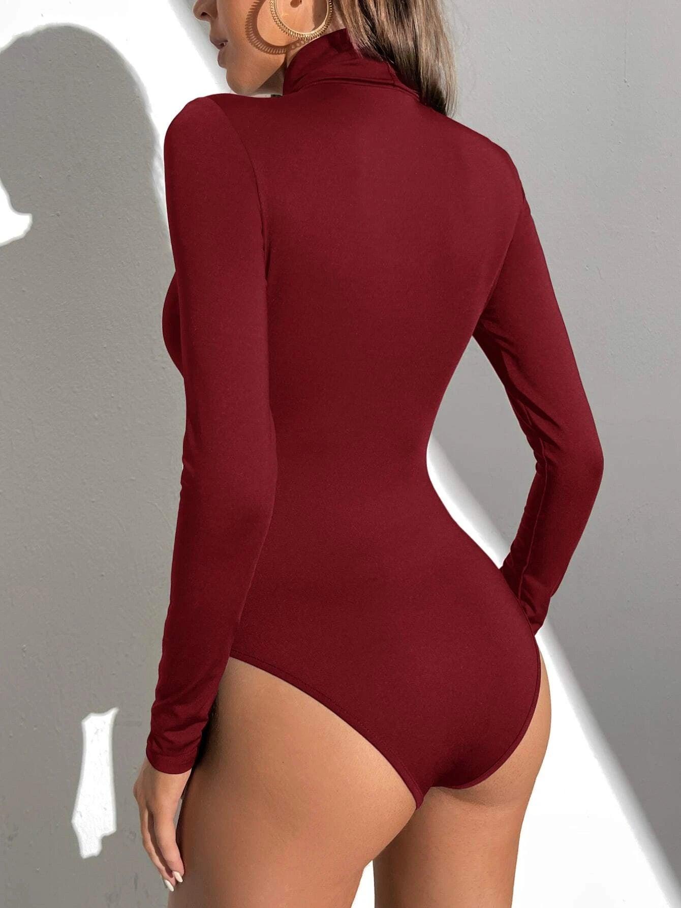 Tall Solid High Neck Slim Fit Tee Bodysuit-Comfy Jumpsuits