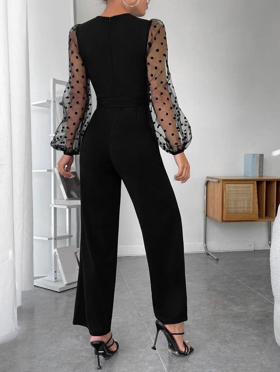 Lantern Sleeve Belted Jumpsuit-Comfy Jumpsuits