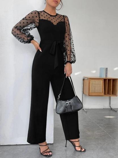 Lantern Sleeve Belted Jumpsuit-Comfy Jumpsuits