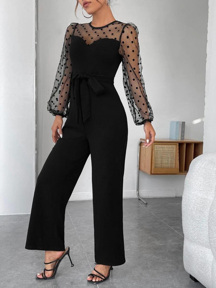 Lantern Sleeve Belted Jumpsuit-Comfy Jumpsuits
