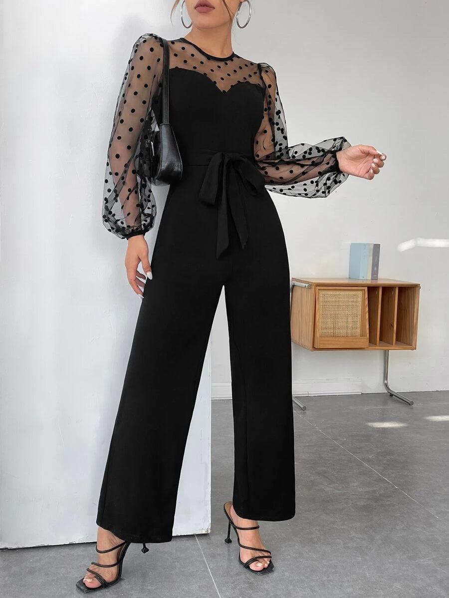 Lantern Sleeve Belted Jumpsuit-Comfy Jumpsuits