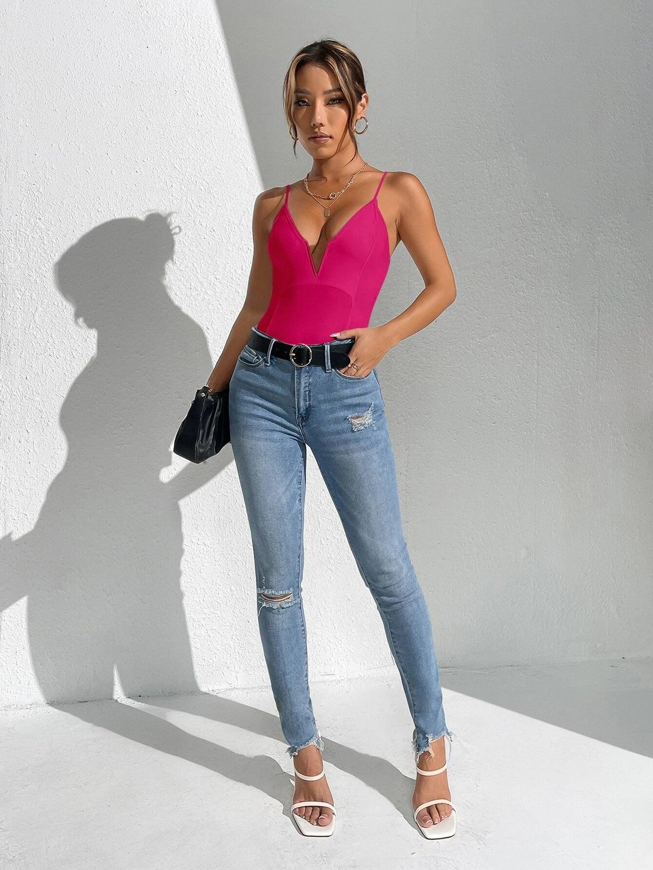 Solid Plunging Neck Cami Bodysuit-Comfy Jumpsuits