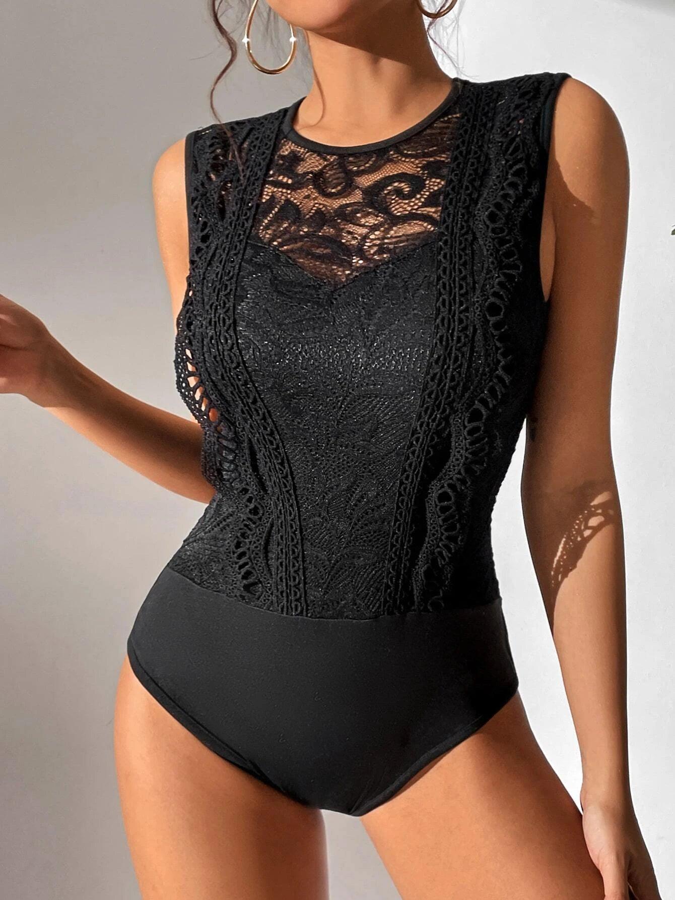 Lace Insert Bodysuit-Comfy Jumpsuits