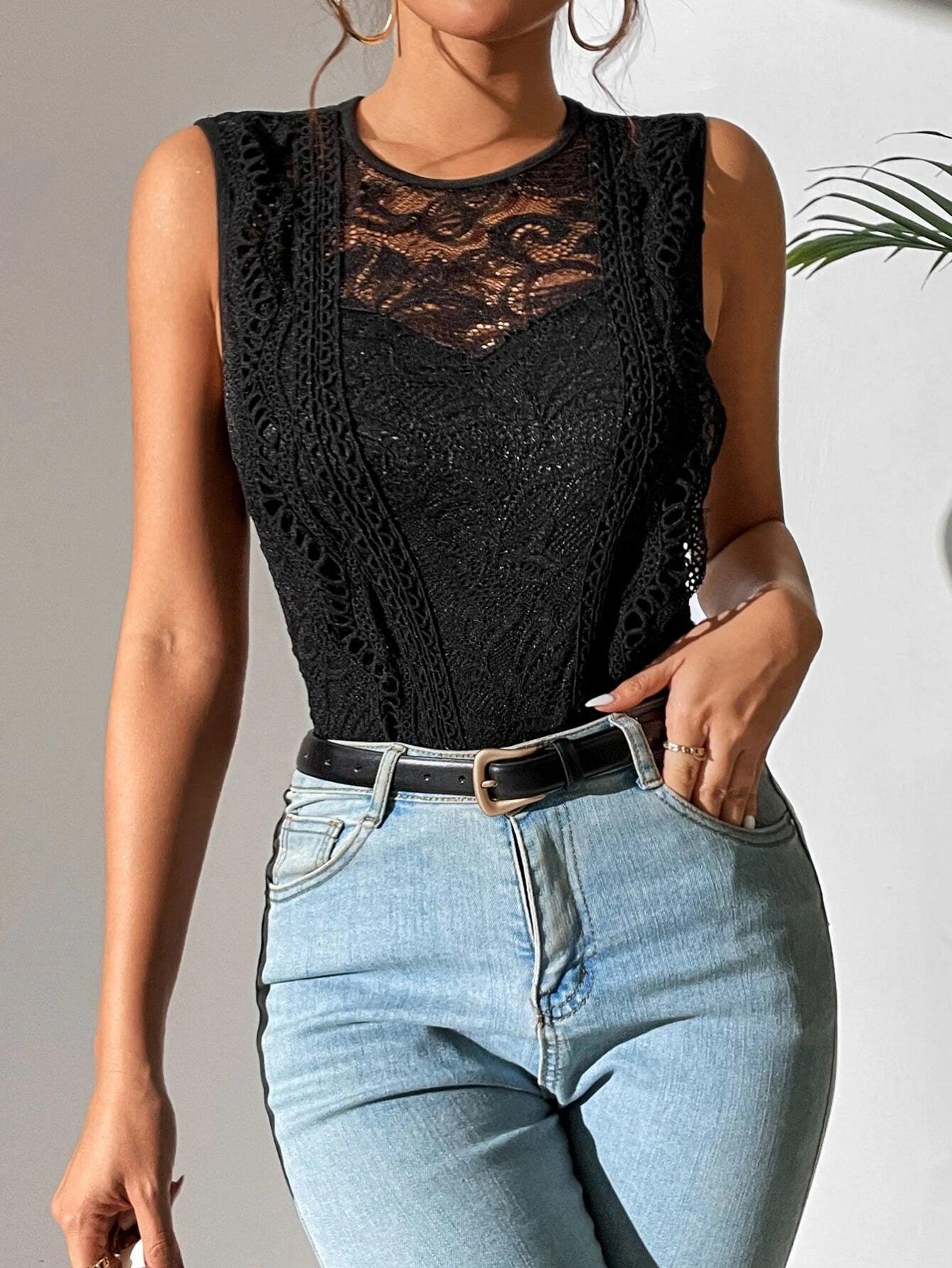 Lace Insert Bodysuit-Comfy Jumpsuits