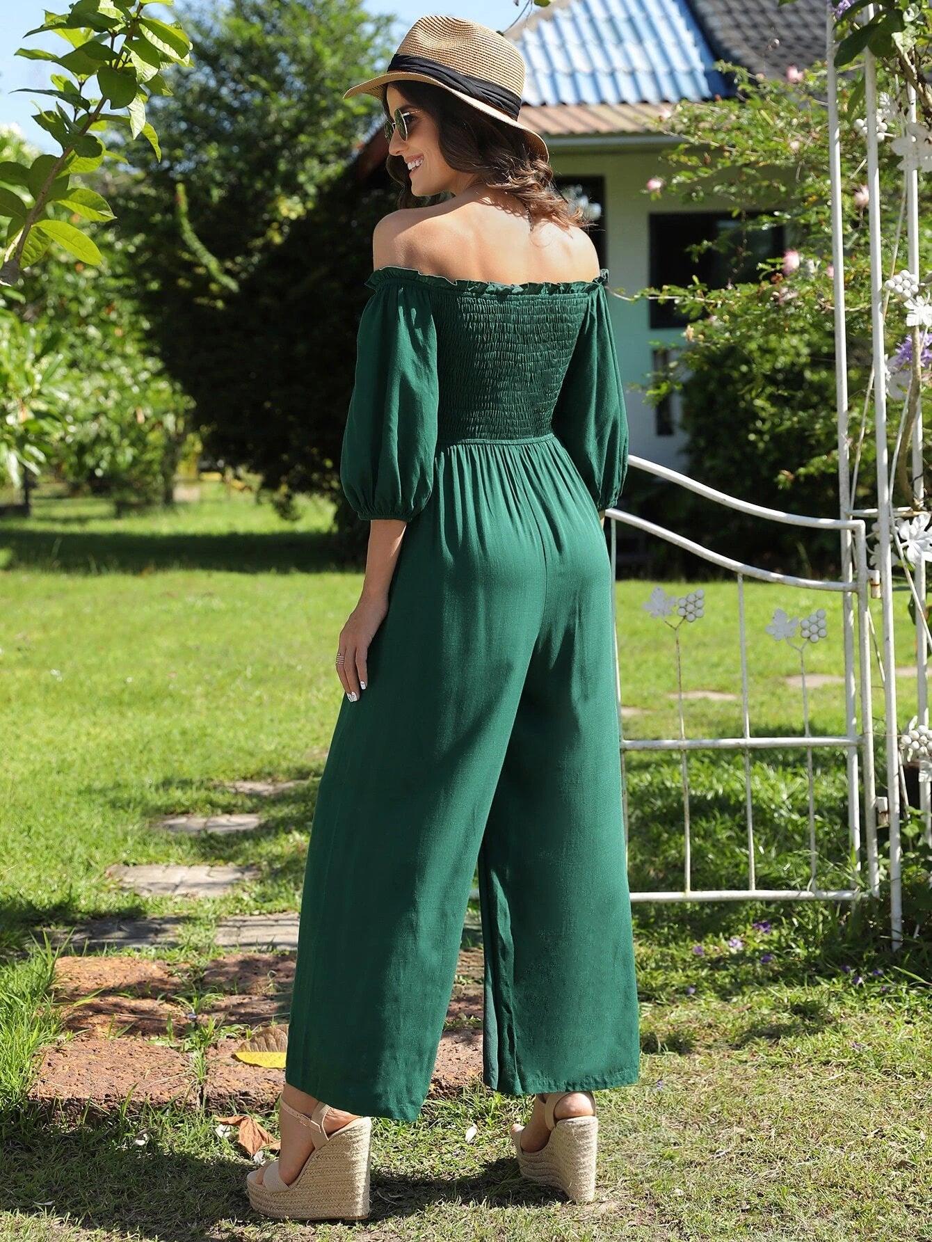 Off Shoulder Wide Loose Jumpsuit-Comfy Jumpsuits