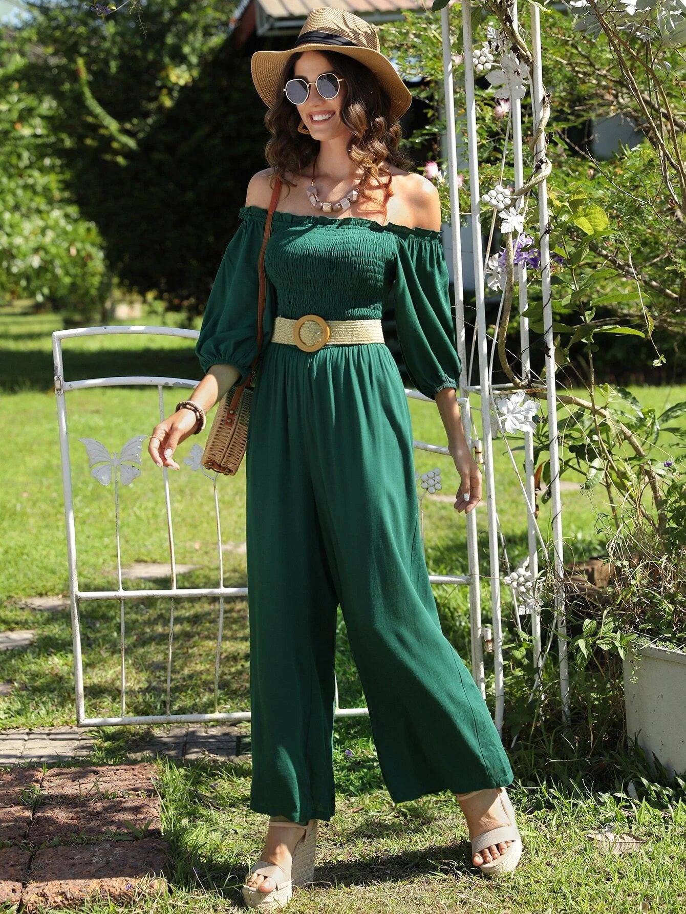 Off Shoulder Wide Loose Jumpsuit-Comfy Jumpsuits