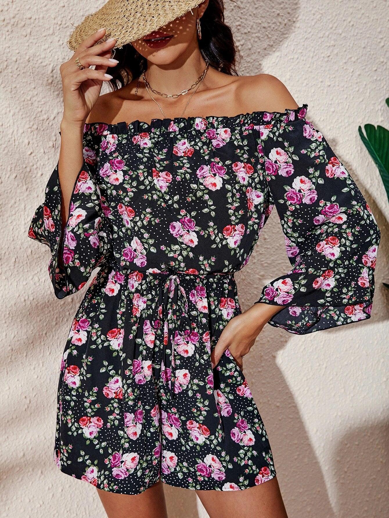 Floral Print Off Shoulder Flounce Sleeve Romper-Comfy Jumpsuits