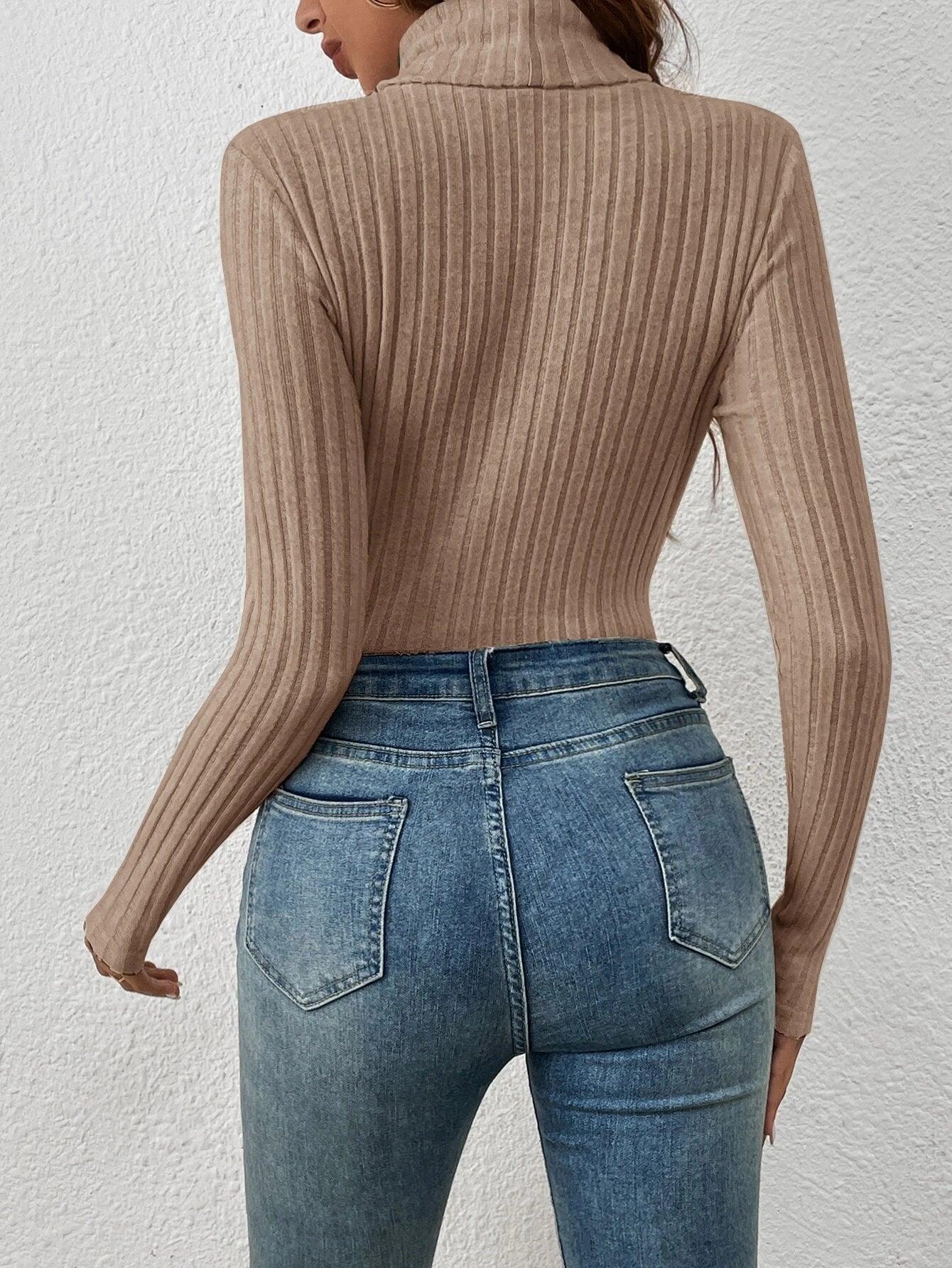 Turtle Neck Ribbed Knit Tee Bodysuit-Comfy Jumpsuits