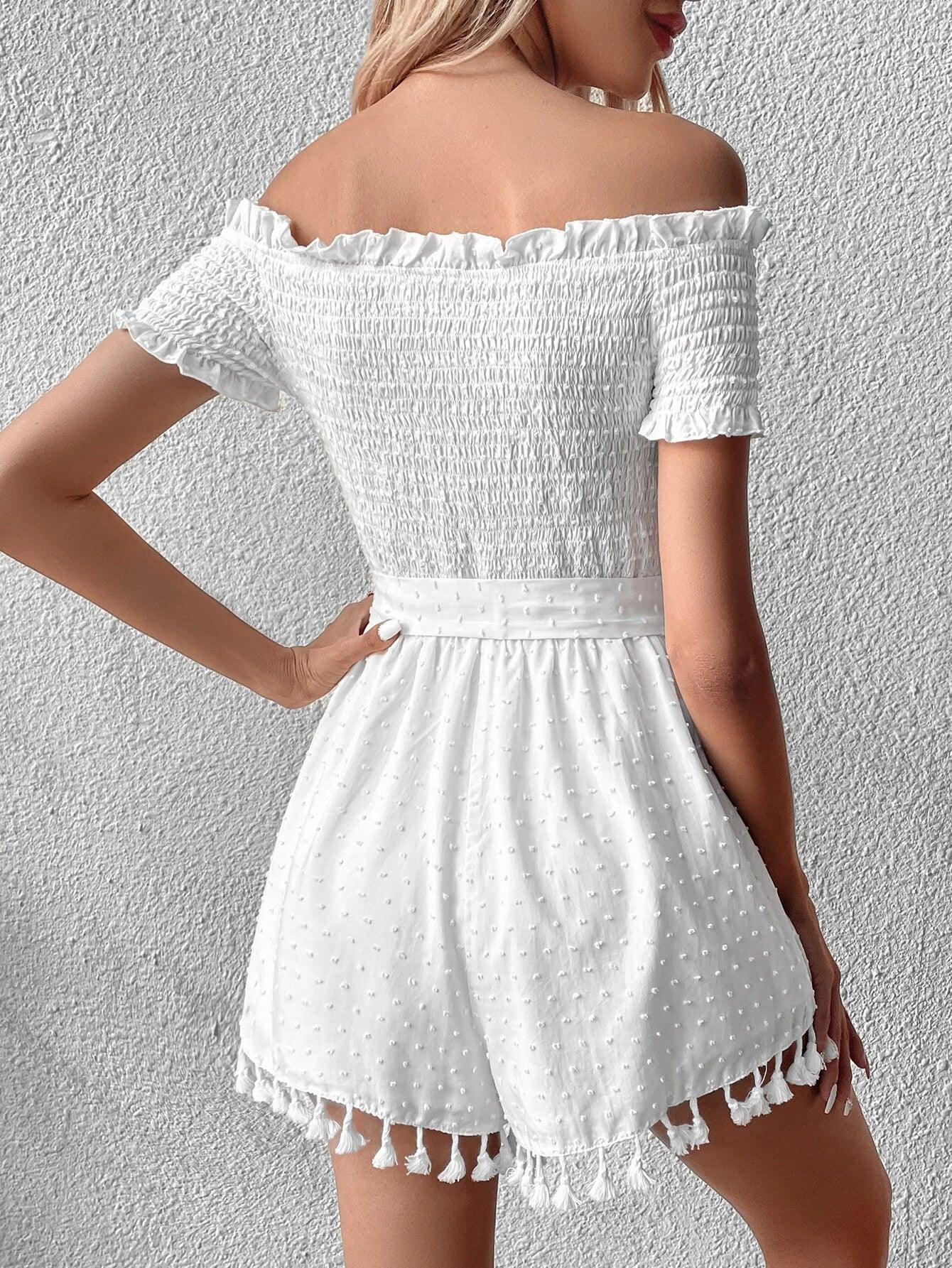 Swiss Dot Off Shoulder Tassel Trim Belted Romper-Comfy Jumpsuits