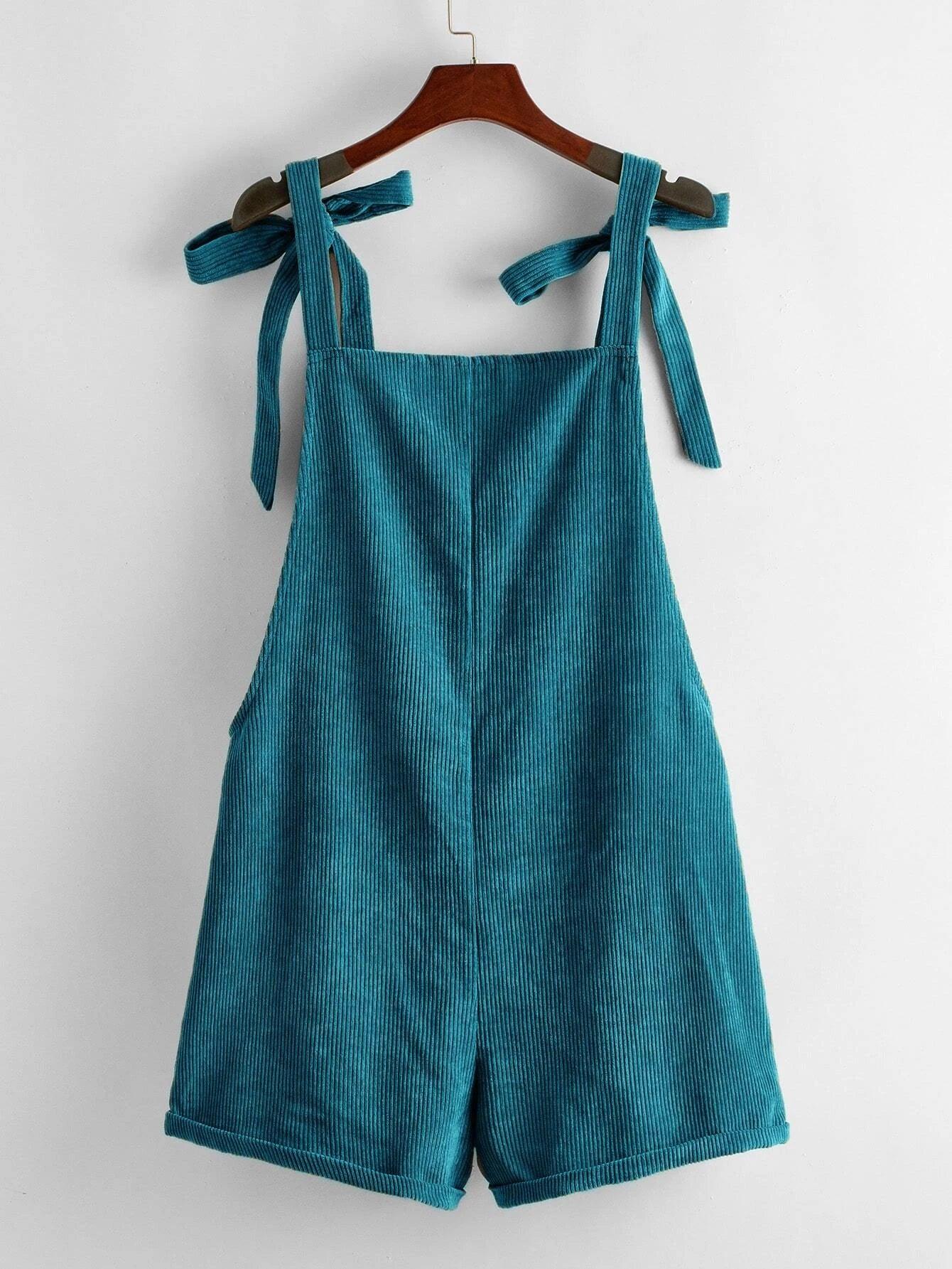 Knot Shoulder Patch Pocket Cord Overall Shorts-Comfy Jumpsuits