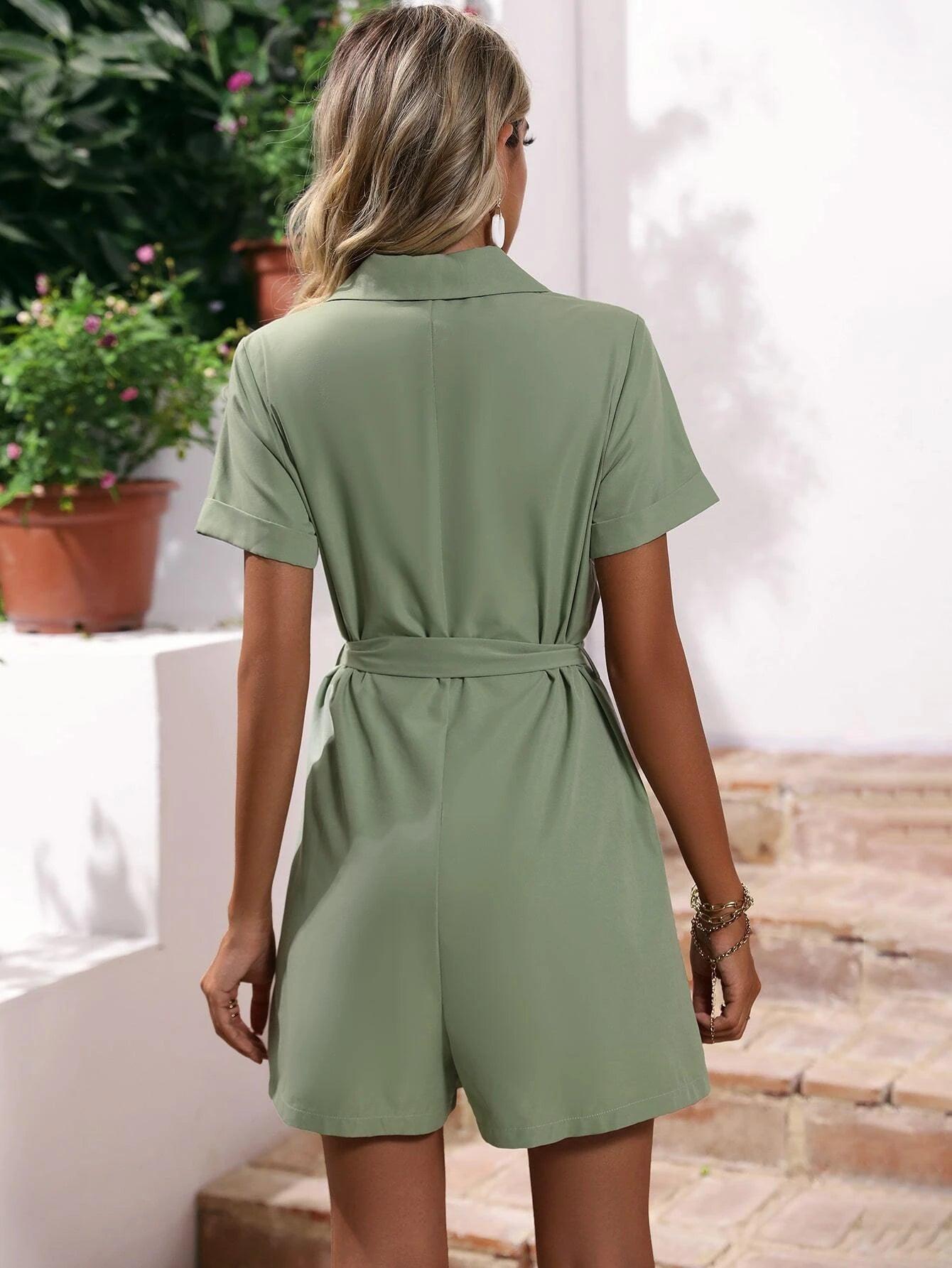 Roll Up Sleeve Belted Shirt Romper-Comfy Jumpsuits