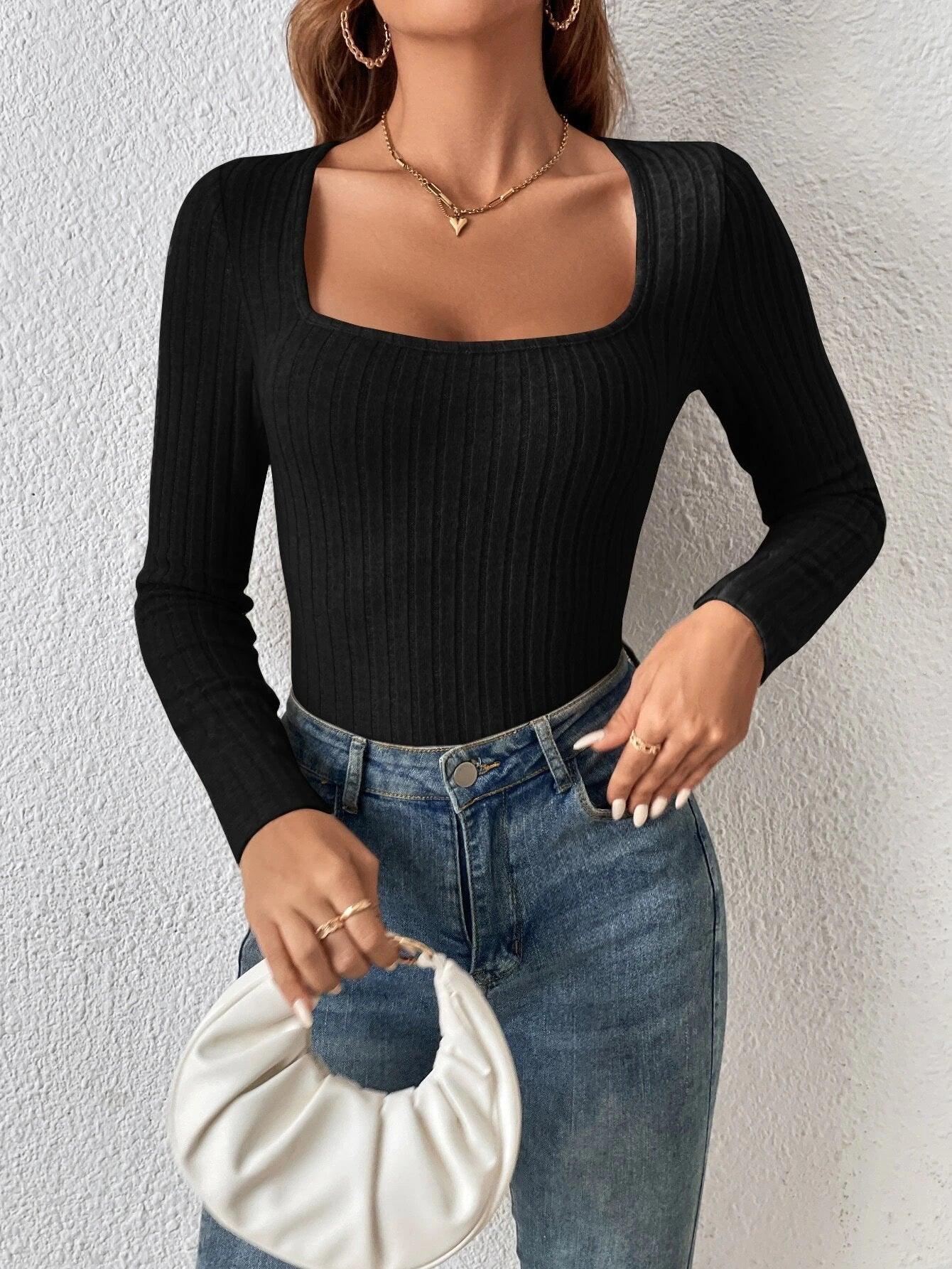 Square Neck Ribbed Knit Bodysuit-Comfy Jumpsuits