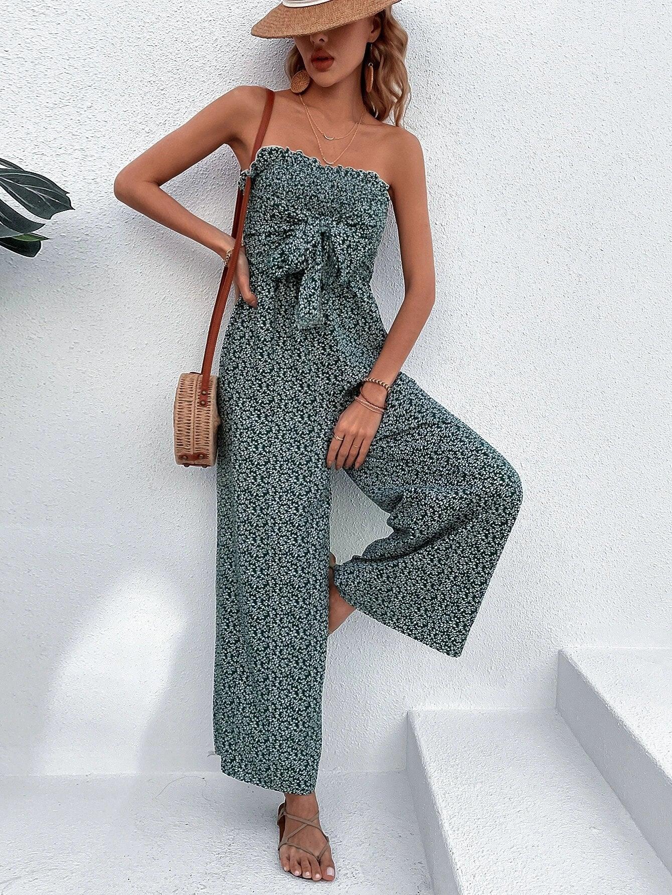 Plants Print Tie Front Tube Jumpsuit-Comfy Jumpsuits