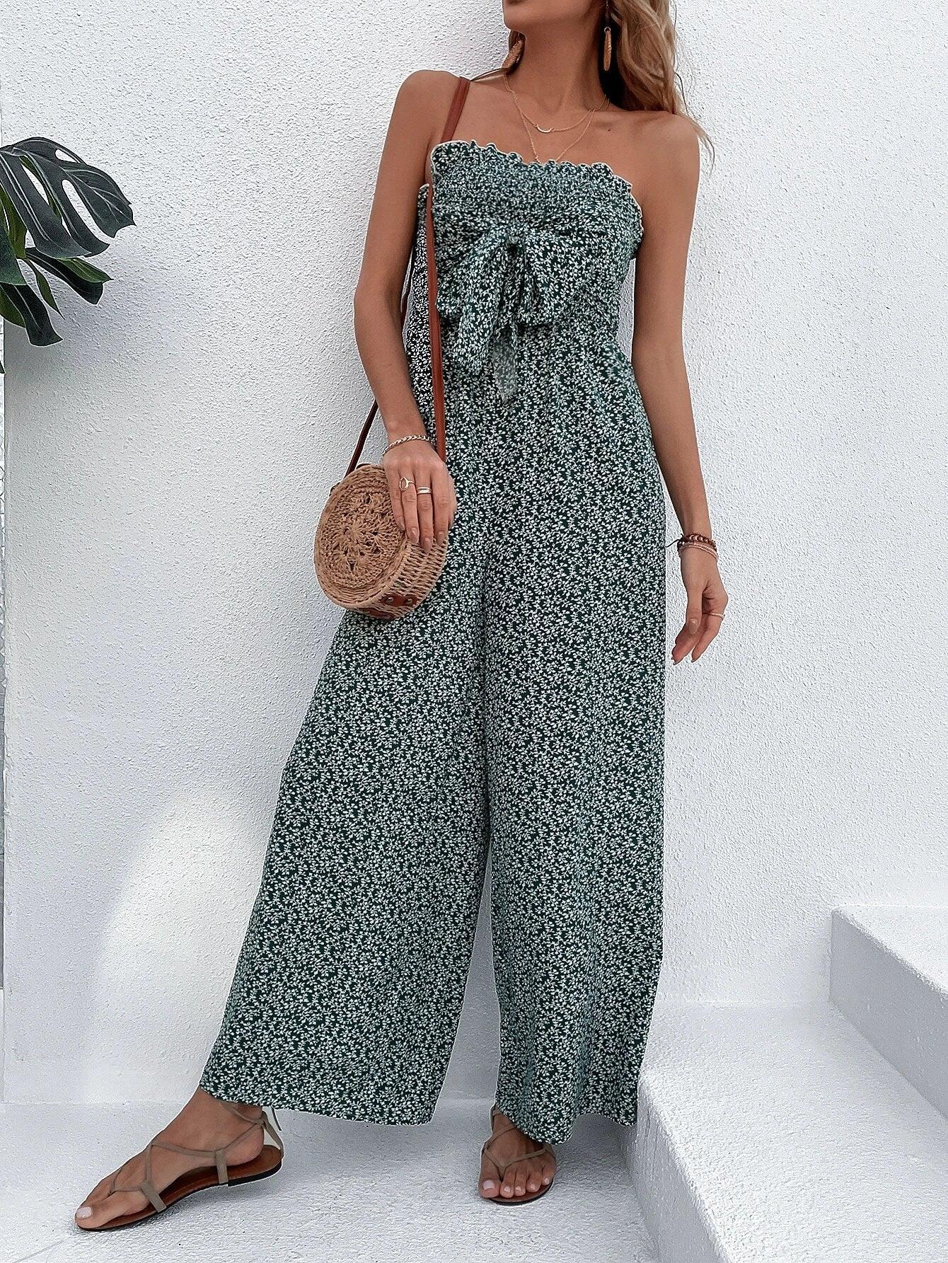 Plants Print Tie Front Tube Jumpsuit-Comfy Jumpsuits