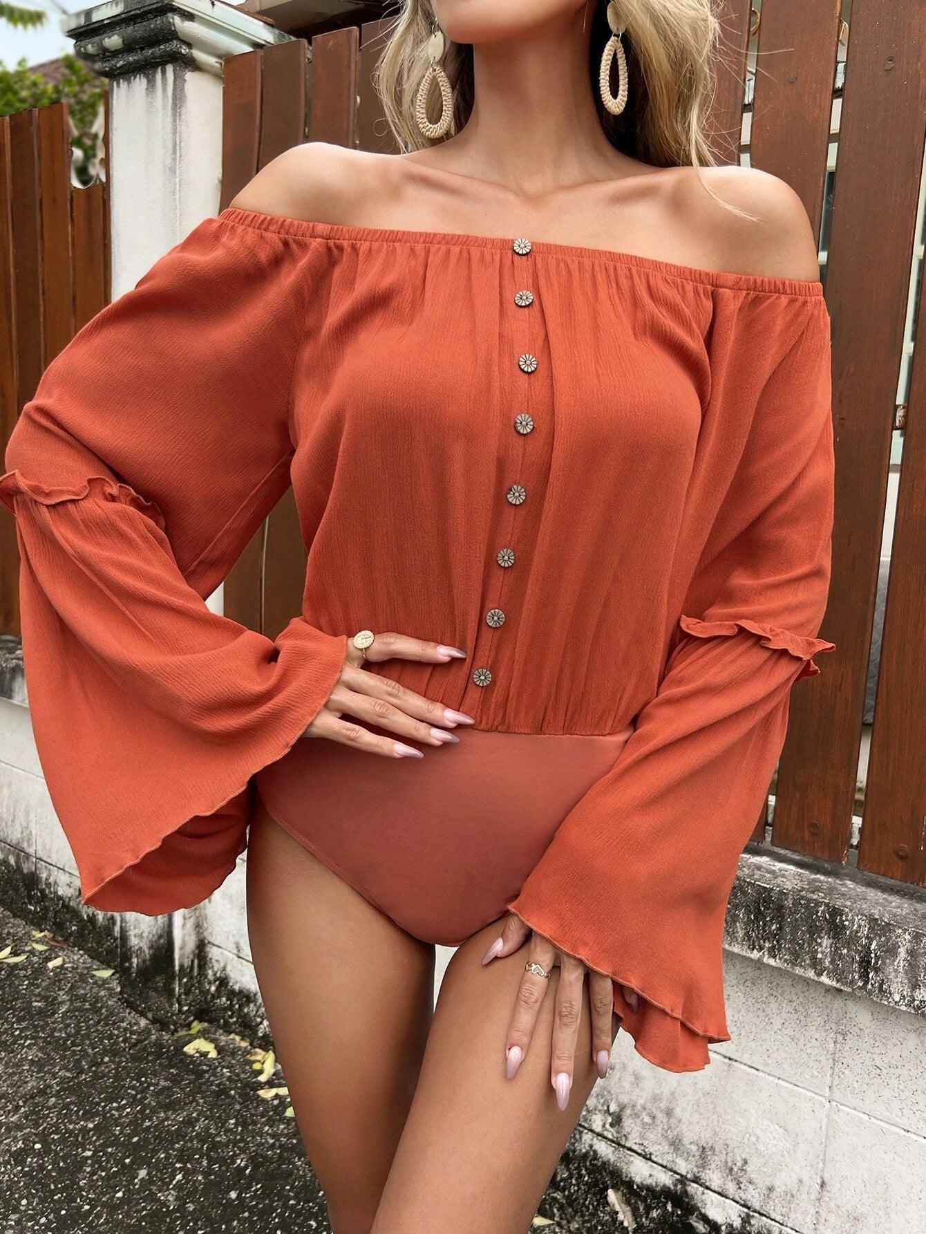 Off Shoulder Flounce Sleeve Bodysuit-Comfy Jumpsuits