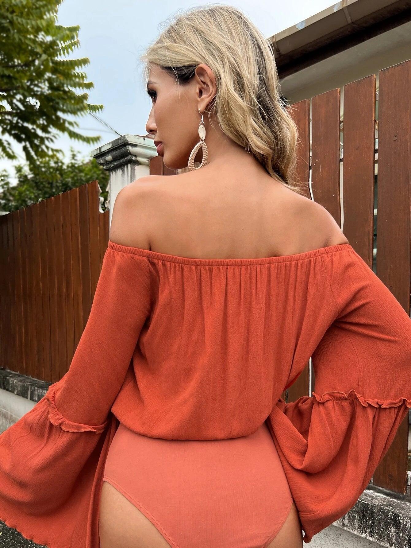 Off Shoulder Flounce Sleeve Bodysuit-Comfy Jumpsuits