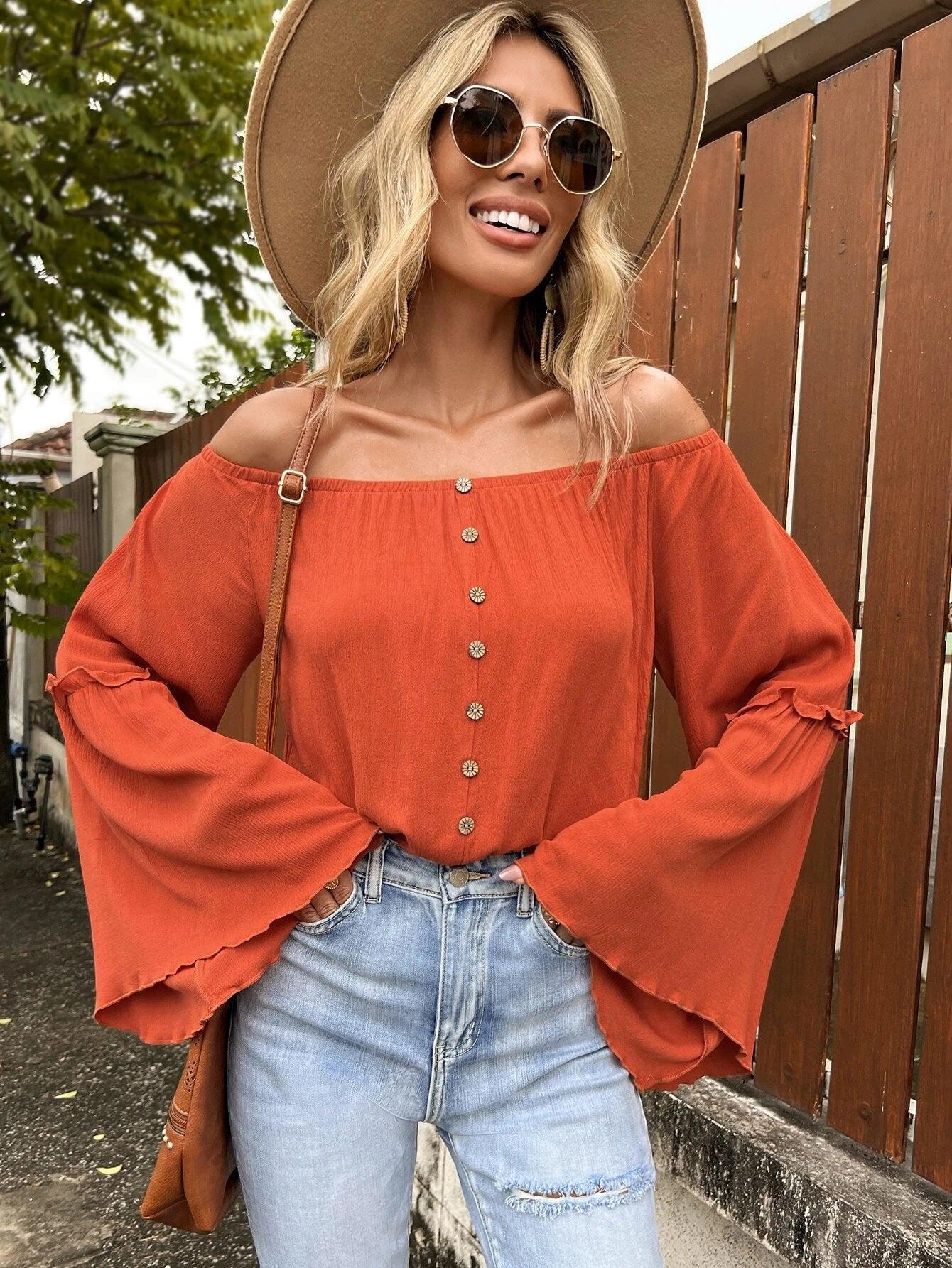 Off Shoulder Flounce Sleeve Bodysuit-Comfy Jumpsuits