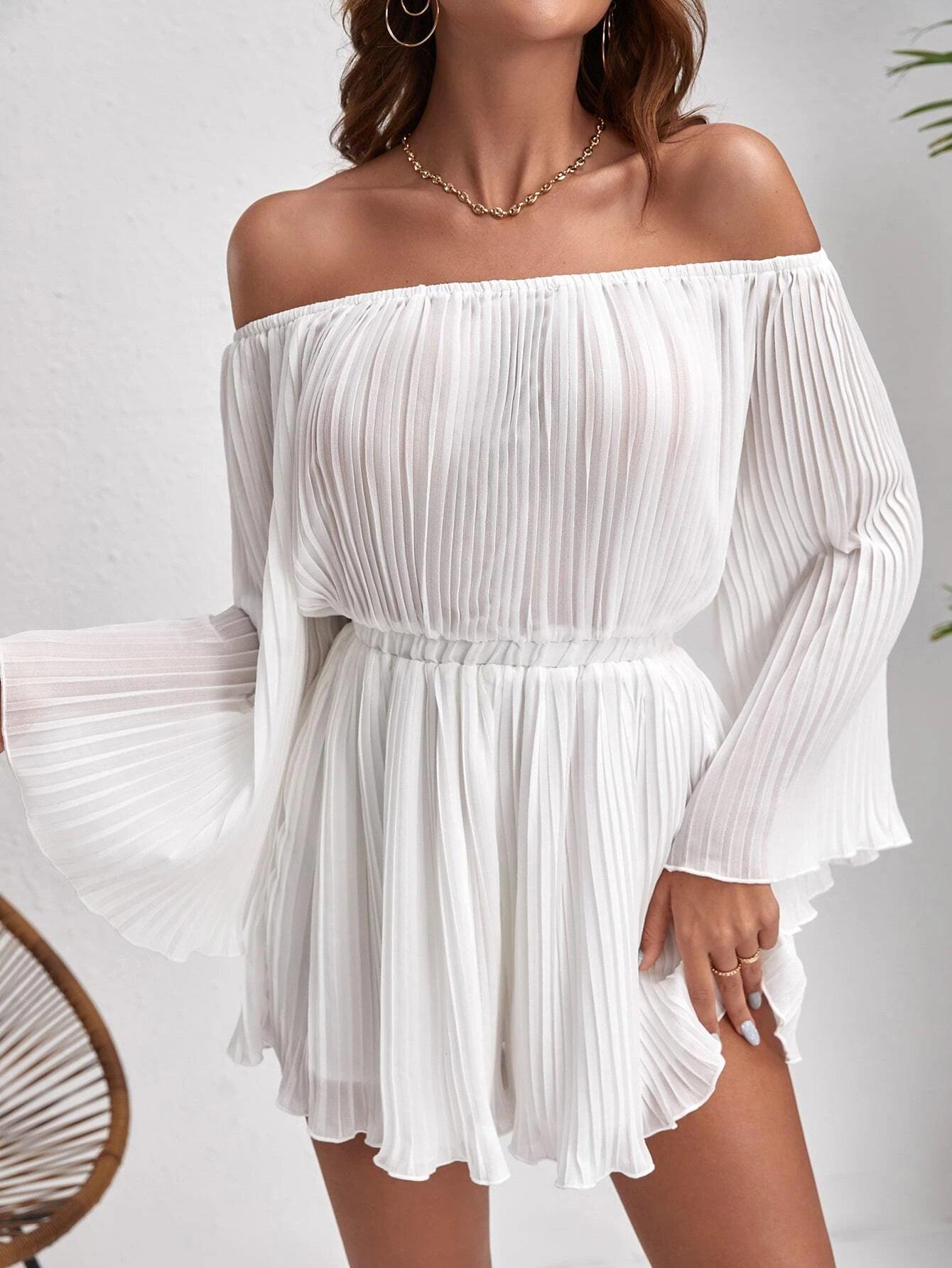 Off Shoulder Pleated Trumpet Sleeve Lettuce Trim Chiffon Romper-Comfy Jumpsuits