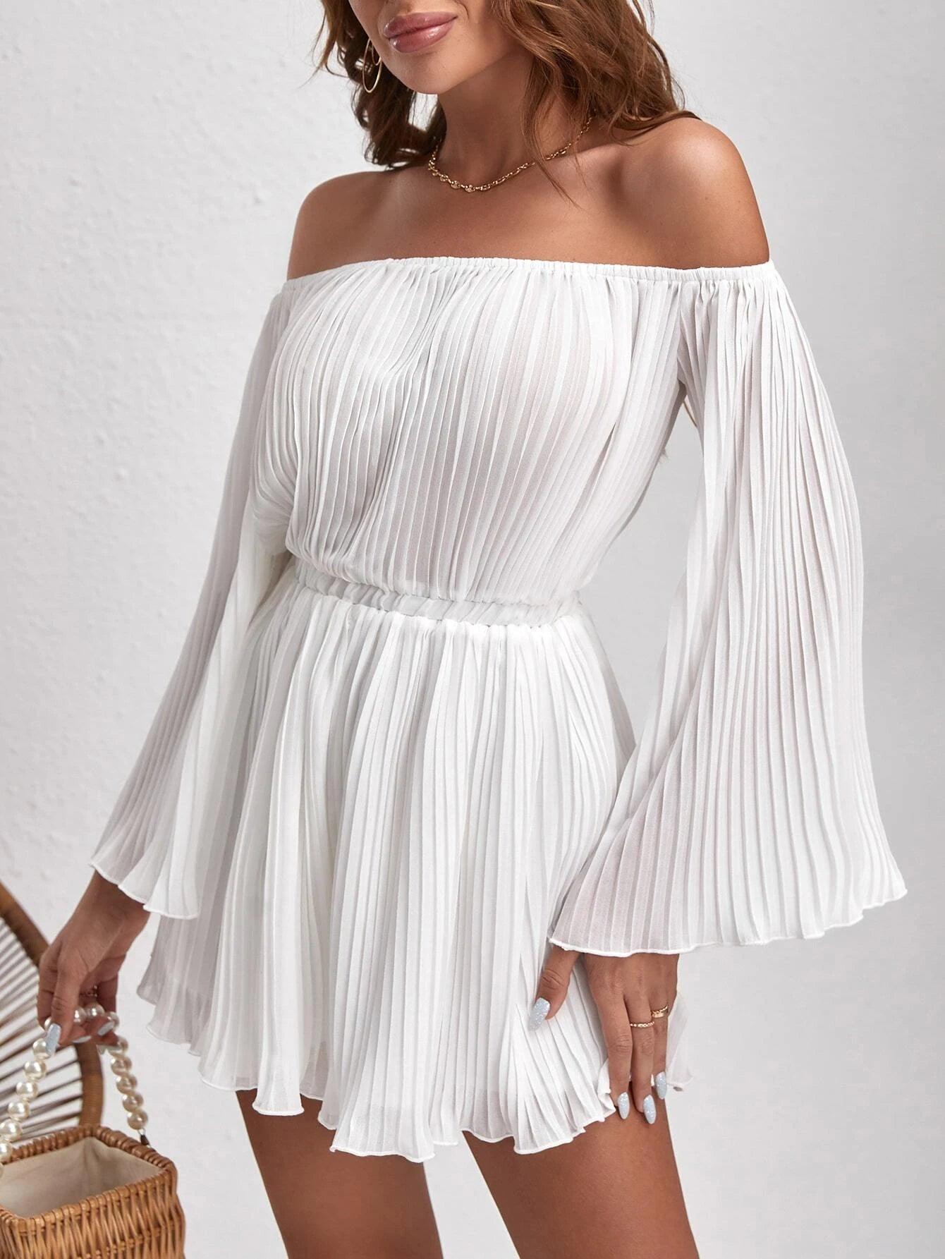 Off Shoulder Pleated Trumpet Sleeve Lettuce Trim Chiffon Romper-Comfy Jumpsuits