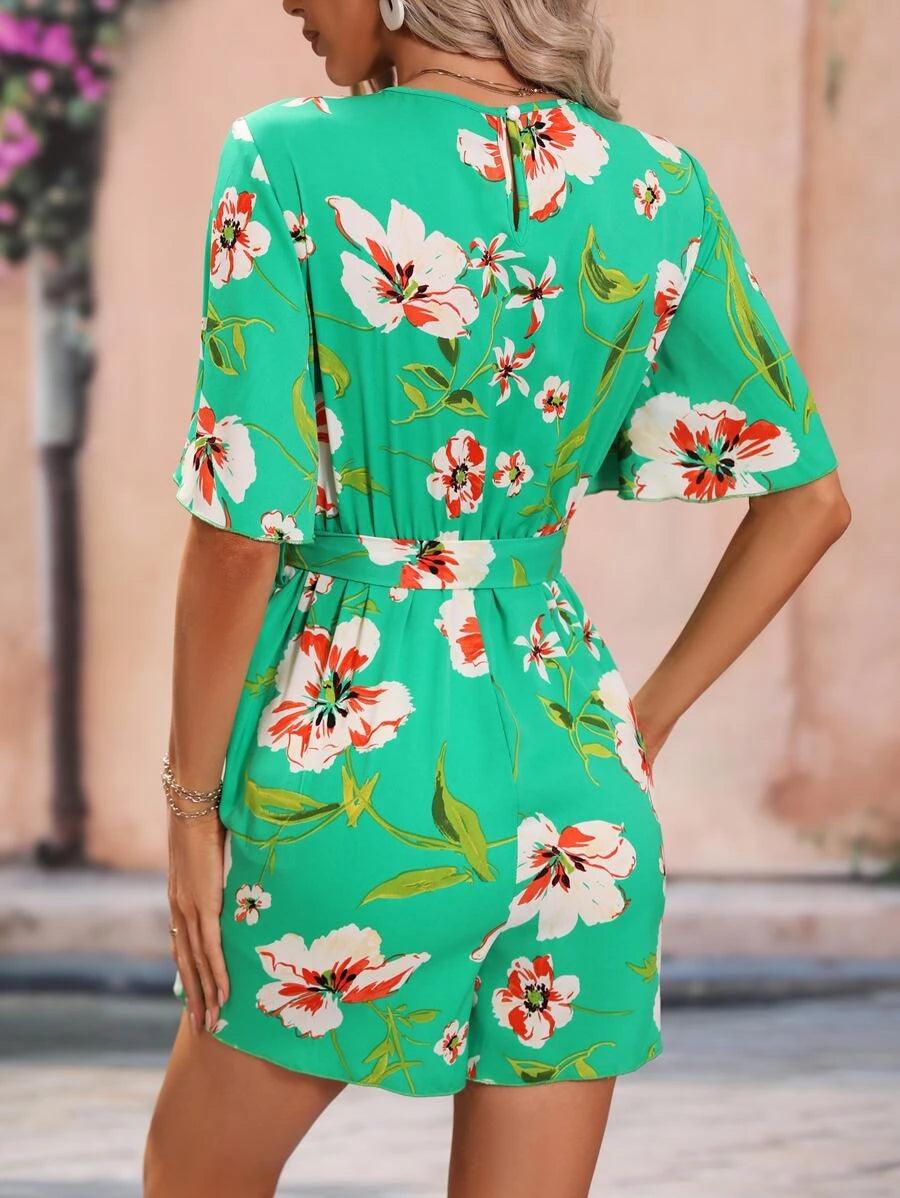Floral Print V Neck Butterfly Sleeve Belted Romper-Comfy Jumpsuits