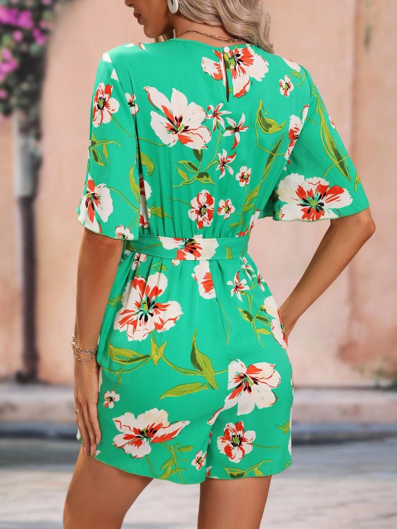 Floral Pattern Belted Romper-Comfy Jumpsuits