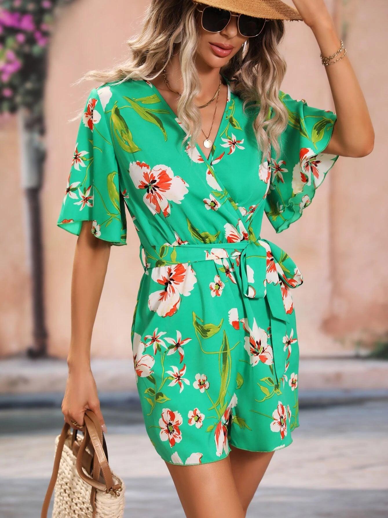 Floral Pattern Belted Romper-Comfy Jumpsuits