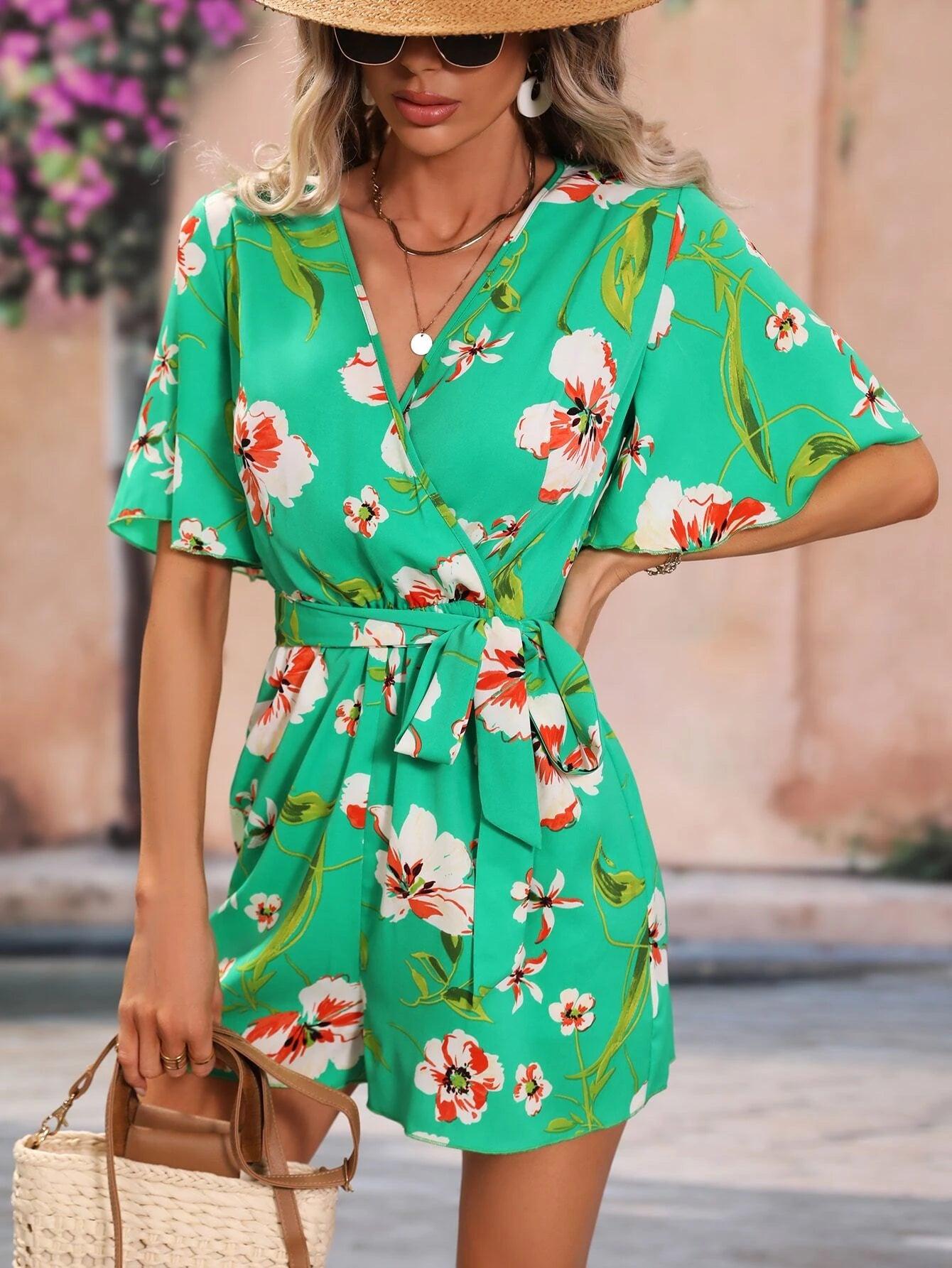 Floral Pattern Belted Romper-Comfy Jumpsuits