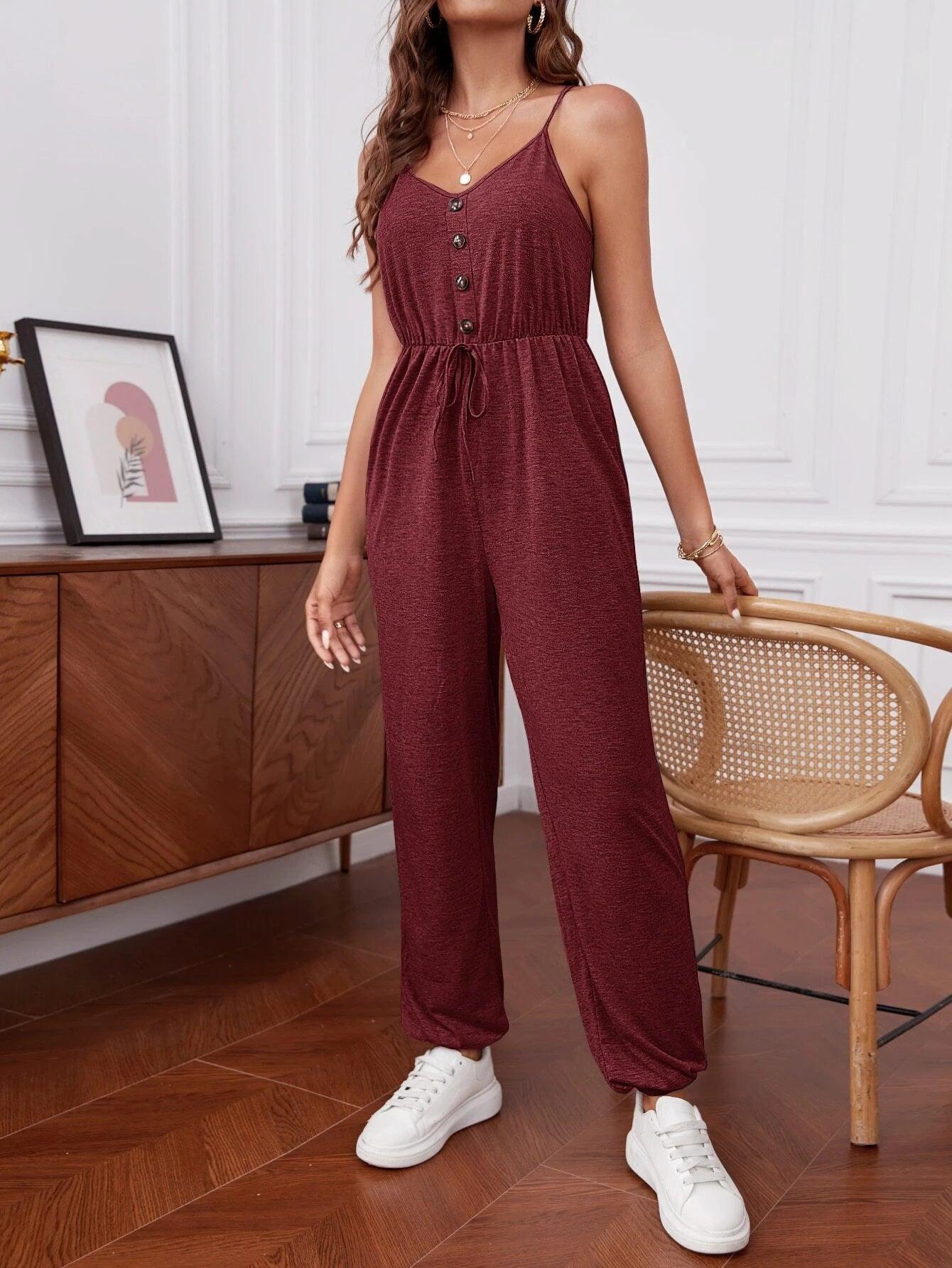 Front Button Cami Jumpsuit-Comfy Jumpsuits
