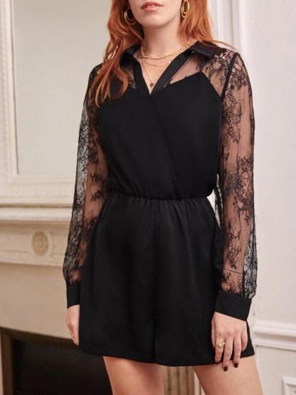 Contrast Lace Sleeve Romper-Comfy Jumpsuits
