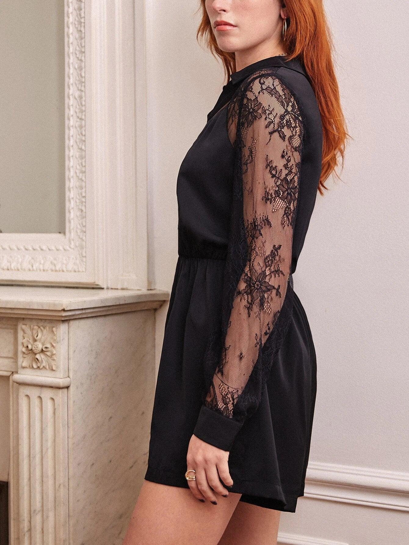 Contrast Lace Sleeve Romper-Comfy Jumpsuits