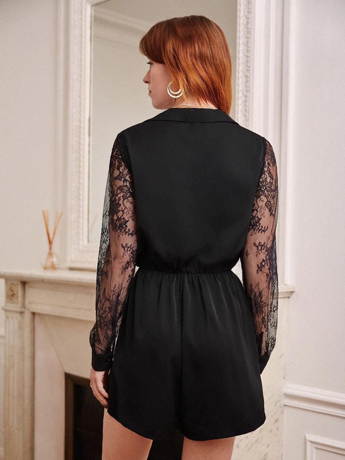 Contrast Lace Sleeve Romper-Comfy Jumpsuits