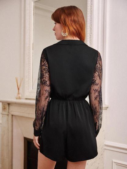 Contrast Lace Sleeve Romper-Comfy Jumpsuits