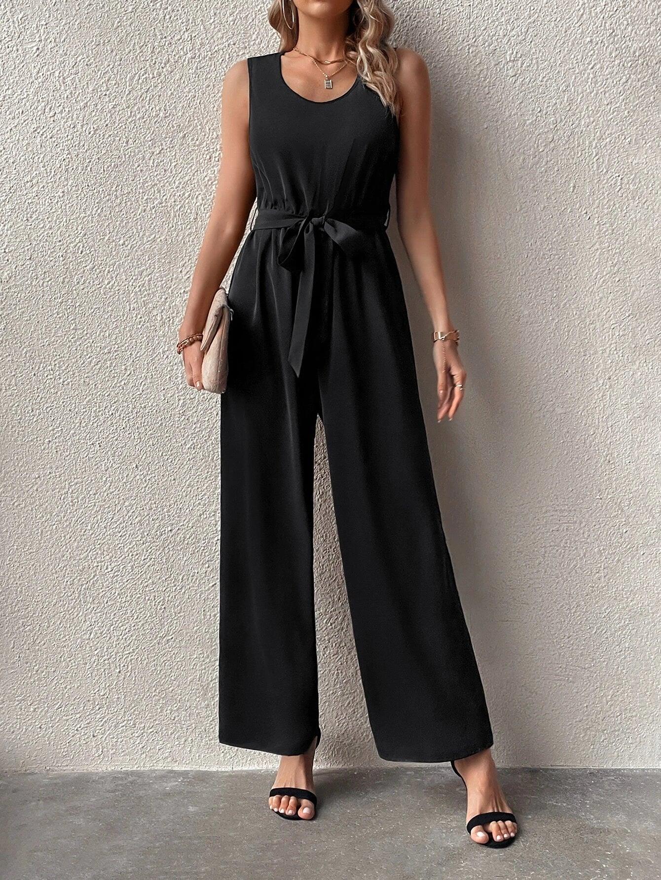 Tie Back Belted Wide Leg Jumpsuit-Comfy Jumpsuits