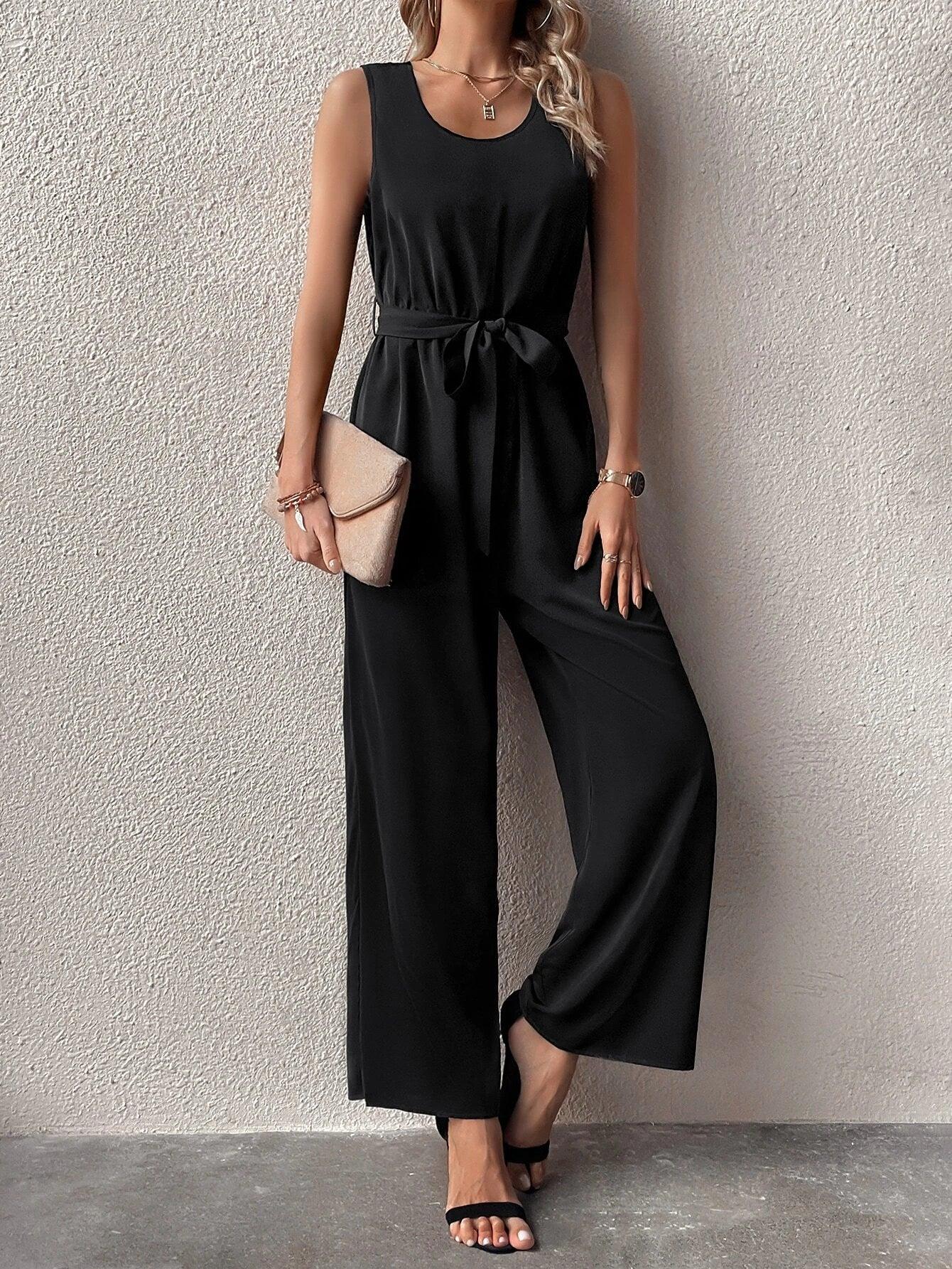 Tie Back Belted Wide Leg Jumpsuit-Comfy Jumpsuits