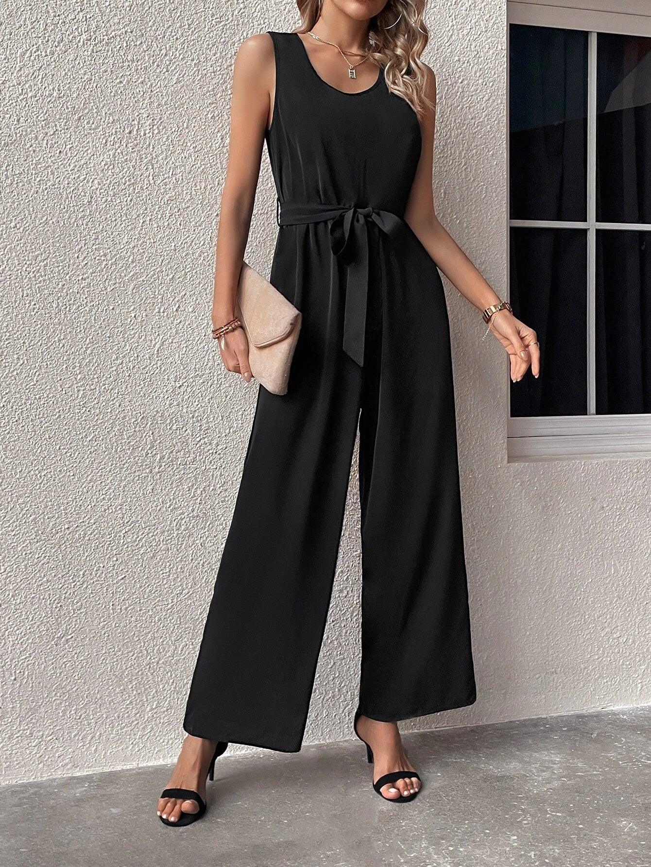 Tie Back Belted Wide Leg Jumpsuit-Comfy Jumpsuits