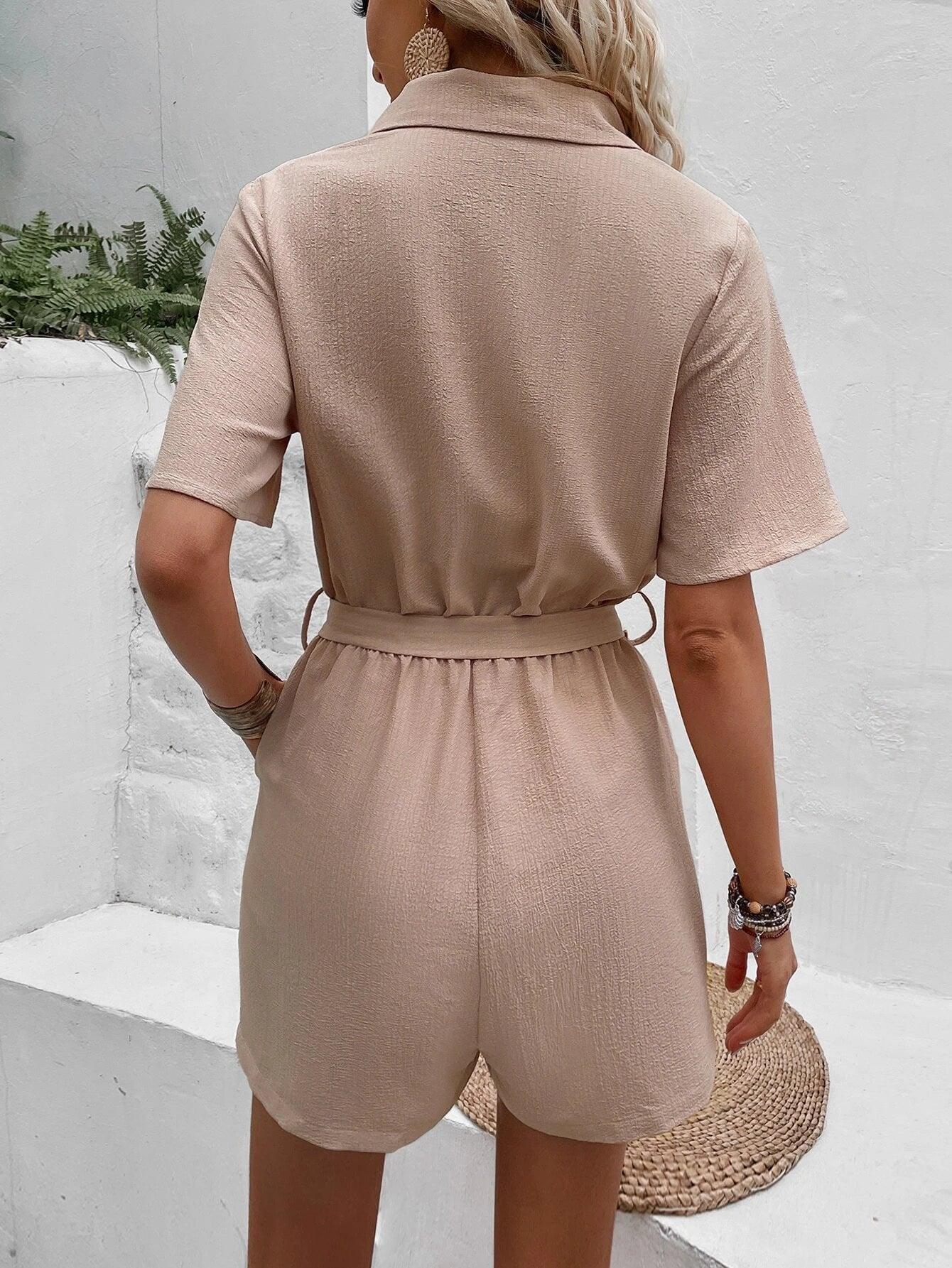 Pocket Belted Shirt Romper-Comfy Jumpsuits