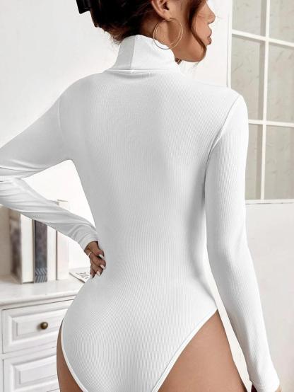 Solid Turtleneck Long Sleeve Bodysuit-Comfy Jumpsuits