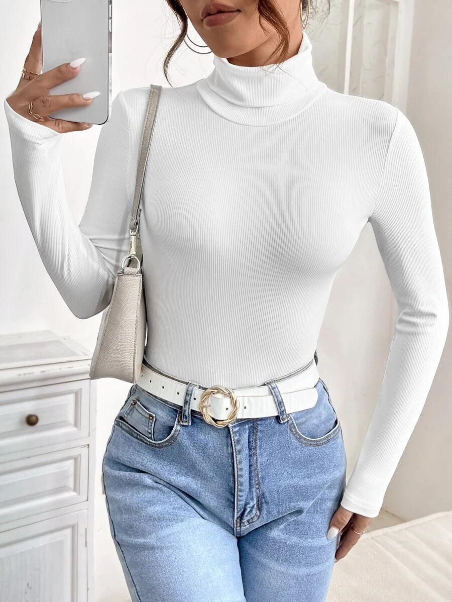 Solid Turtleneck Long Sleeve Bodysuit-Comfy Jumpsuits