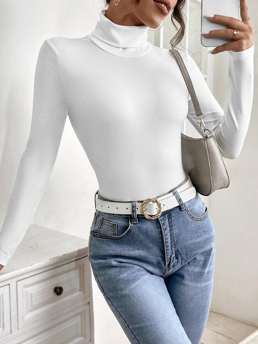 Solid Turtleneck Long Sleeve Bodysuit-Comfy Jumpsuits