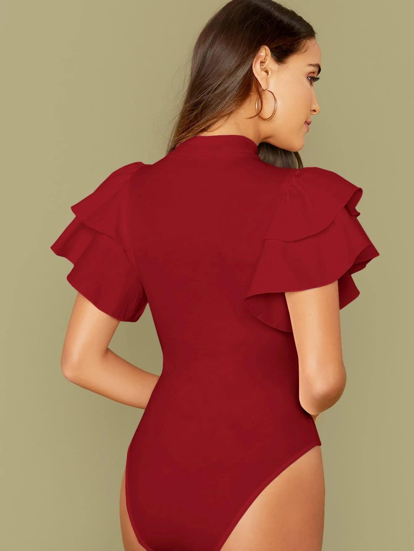 Mock-neck Layered Exaggerate Butterfly Sleeve Fitted Bodysuit-Comfy Jumpsuits