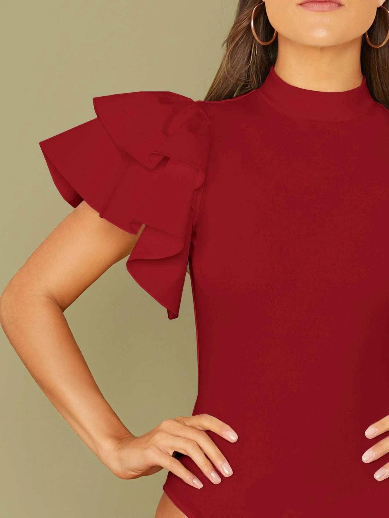 Mock-neck Layered Exaggerate Butterfly Sleeve Fitted Bodysuit-Comfy Jumpsuits