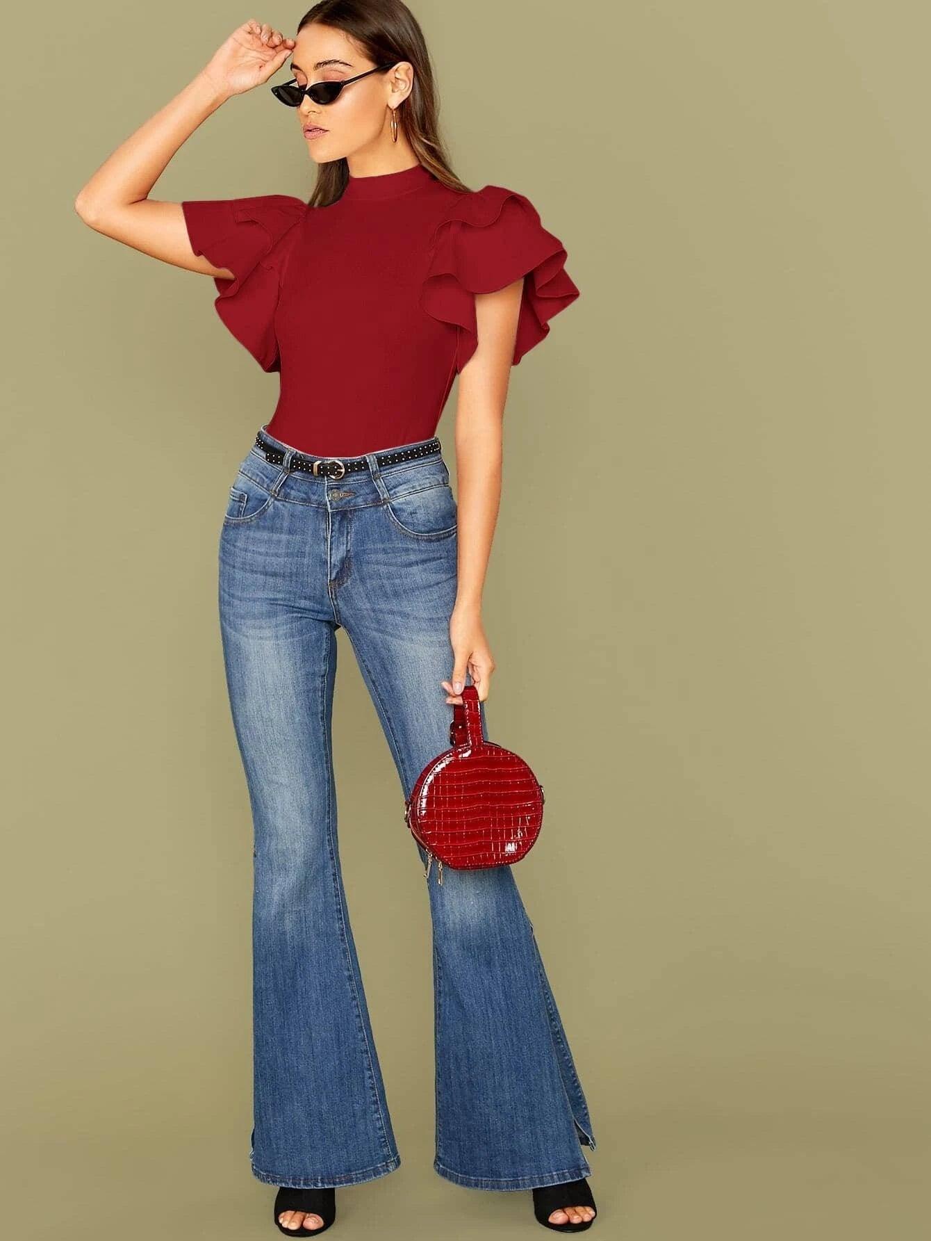 Mock-neck Layered Exaggerate Butterfly Sleeve Fitted Bodysuit-Comfy Jumpsuits