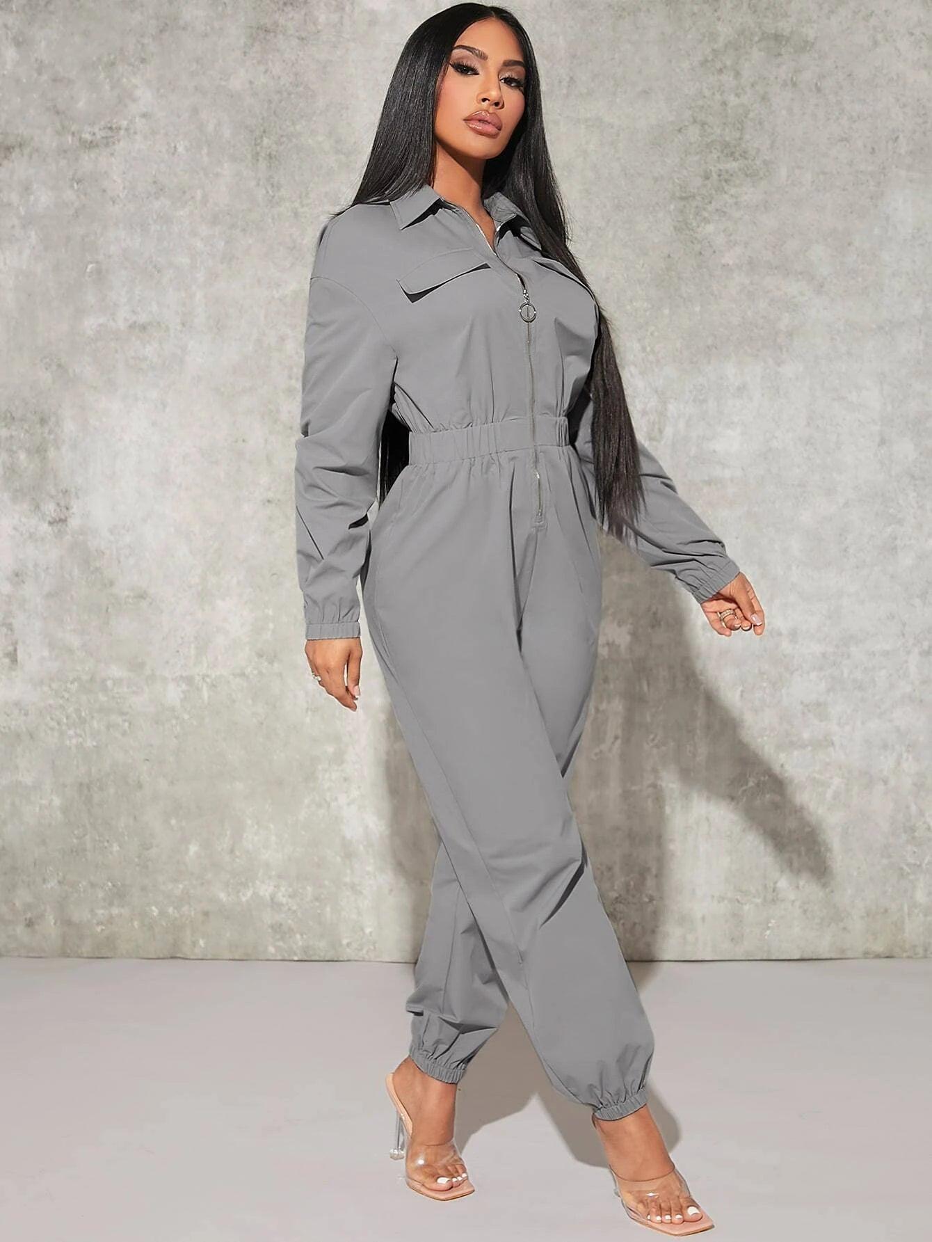 Flap Pocket Elastic Waist Shirt Jumpsuit-Comfy Jumpsuits