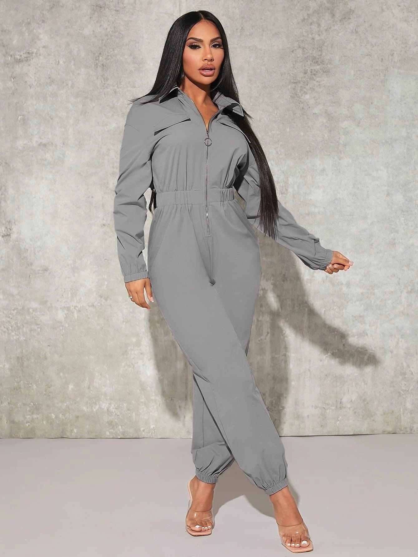 Flap Pocket Elastic Waist Shirt Jumpsuit-Comfy Jumpsuits